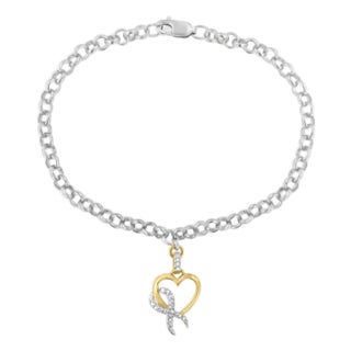 10K Yellow Gold 1/10 Cttw Diamond Awareness Ribbon & Heart Charm on 7" .925 Sterling Silver Rolo Bracelet (H-I Color, I1-I2 Clarity) For Sale