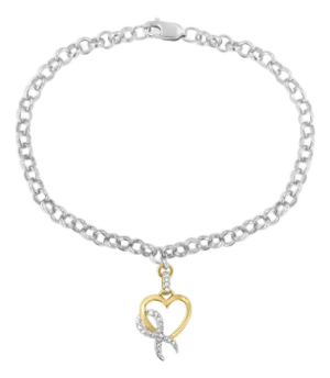 10K Yellow Gold 1/10 Cttw Diamond Awareness Ribbon & Heart Charm on 7" .925 Sterling Silver Rolo Bracelet (H-I Color, I1-I2 Clarity)