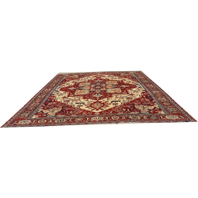 Ivory A Stunning Vintage 12' X14' Ivory Groune Persian Serapi Rug For Sale - Image 8 of 11