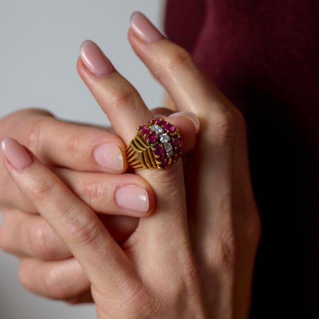 This striking vintage cocktail ring is a glamorous expression of Mid Century design, defined by confident scale, rich...