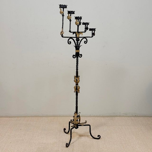 Spanish Revival Spanish Revival Hand Forged Iron and Brass Torchère ~ Floor Candelabra For Sale - Image 3 of 18