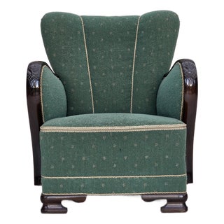 Danish Armchair in Green and Beige Furniture Wool, 1960s For Sale