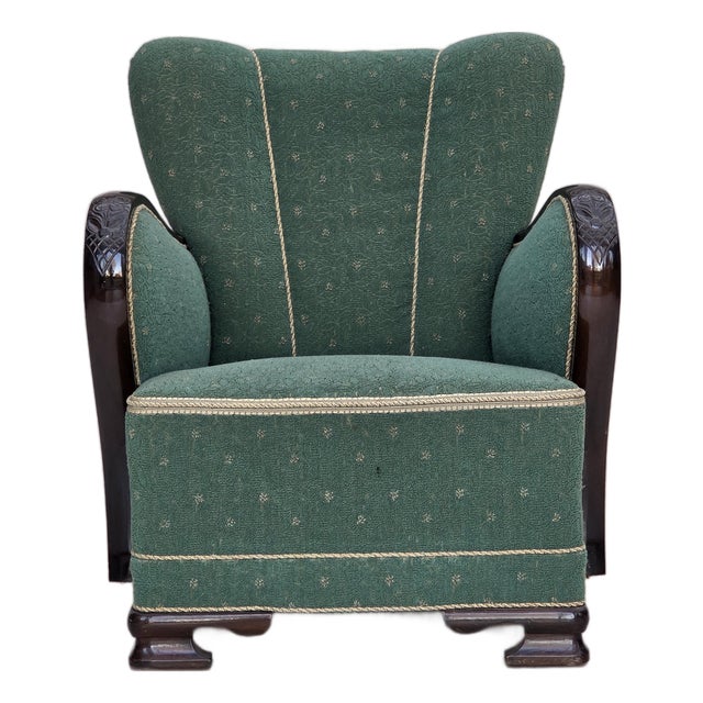 Danish Armchair in Green and Beige Furniture Wool, 1960s For Sale