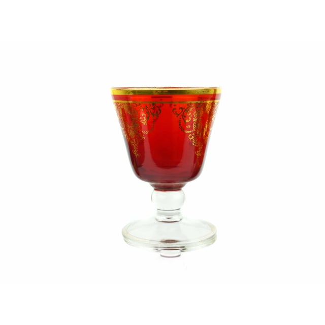 Mid 20th Century Venetian Ruby Red Glass With Gold Trim and Motif Decanter and Wine Glasses- Set of 7 For Sale - Image 10 of 11