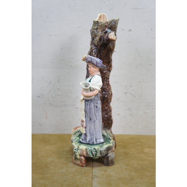 Antique Continental Majolica Figural Spill Vase Pheasant Woman Tree Trunk Figure For Sale - Image 4 of 12