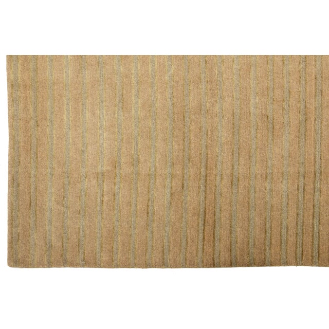 Modern 9 X 9 Modern Tibetan Wool & Silk Rug in Tan Color With Striped Pattern For Sale - Image 3 of 9