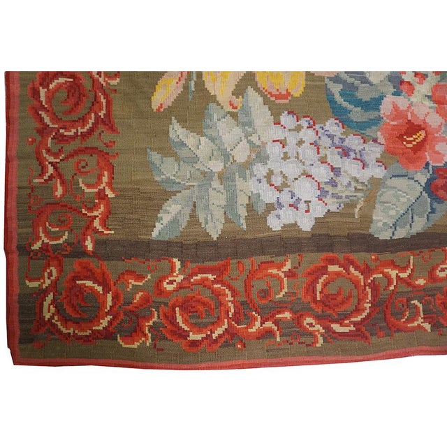 1900s Large Scale Olive Antique French Floral European Folk Besserabian Wool Rug For Sale In New York - Image 6 of 11