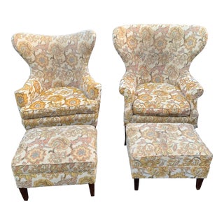 1940s Vintage Yellow and Cream Floral Chairs and Ottomans- 4 Pieces For Sale