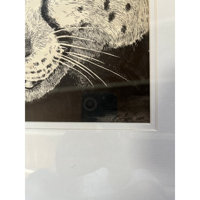 Illustration Original Black and White Ink Snow Leopard Drawing - Artist Signed For Sale - Image 3 of 5