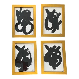 Contemporary Black and White Abstract Paintings, Set of 4, Framed For Sale