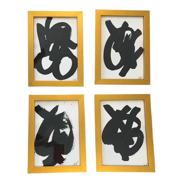 Contemporary Black and White Abstract Paintings, Set of 4, Framed For Sale