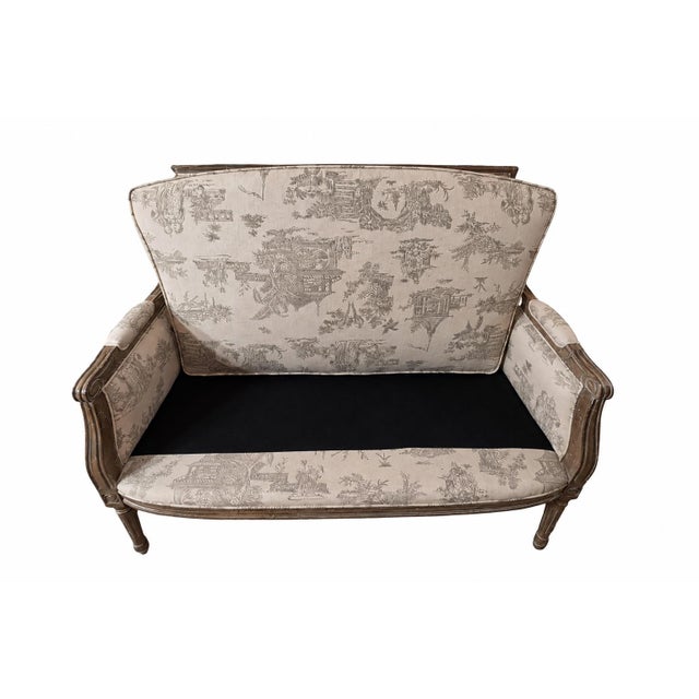 Wood French Louis XVI Style Toile Upholstered Settee With Distressed Carved Wood Frame For Sale - Image 7 of 9
