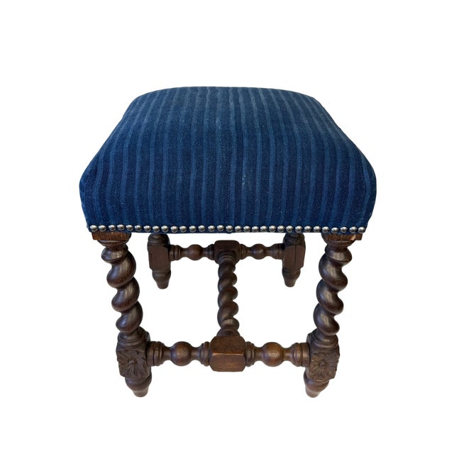 Blue Antique Louis XIII French Baroque Stool W/Indigo Upholstery For Sale - Image 8 of 9