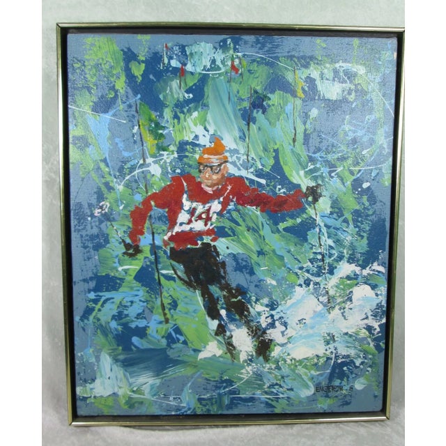 1969 Magnus Engstrom Painting Downhill Skier Mid Century Modern For Sale - Image 6 of 12