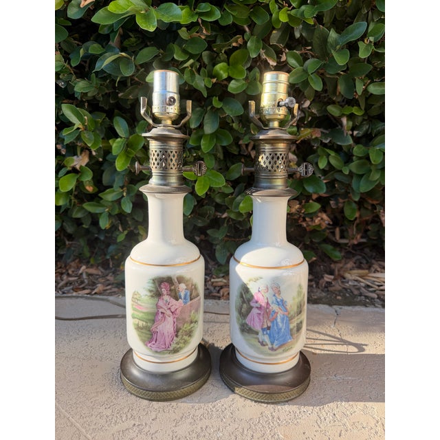 Traditional Vintage Porcelain Table Lamps Romantic Courting Scenes, Gold Trim - a Pair For Sale - Image 3 of 9