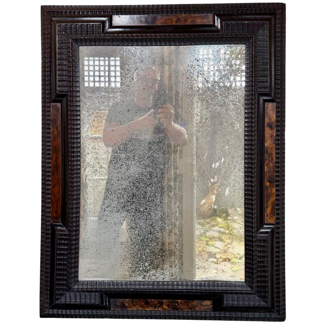 Rustic European Antique 19c Flemish Mirror W Faux Tortoise Trim For Sale - Image 3 of 3