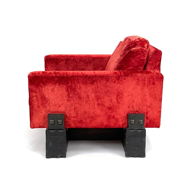 Red velvet cube chair with wood base. Craft Associates tag on cushion. Retailed at Dankers Furniture. c. early 1970's....