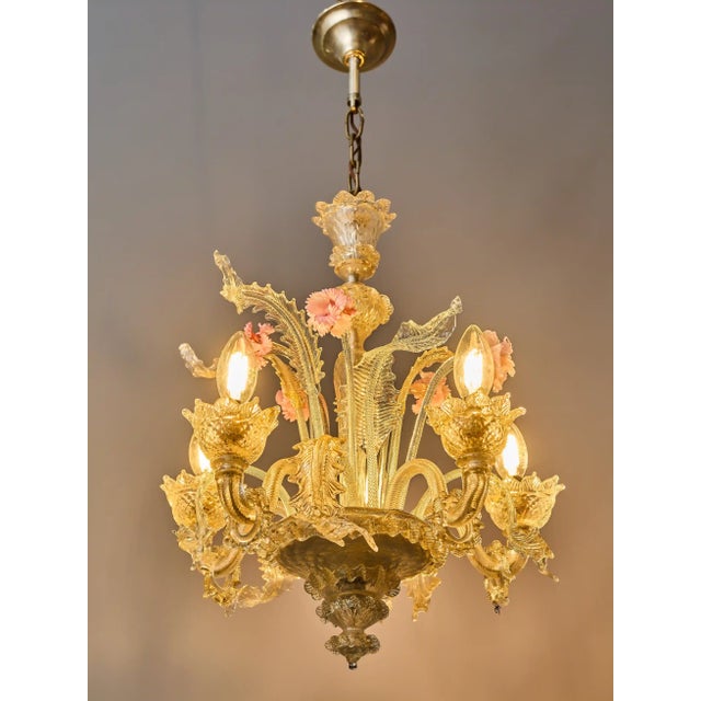 Venetian Five-Arm Murano Glass Chandelier For Sale - Image 3 of 12