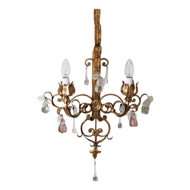 Golden Wall Lights with Pink Glass Fruit from Palwa, 1960s For Sale