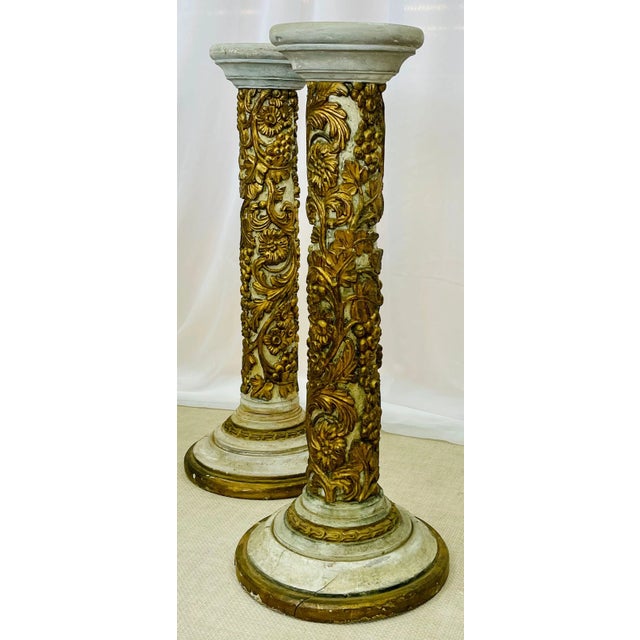 Pair of Giltwood and Paint Decorated Italian Columns, Pedestals, Gustavian Style For Sale - Image 4 of 13
