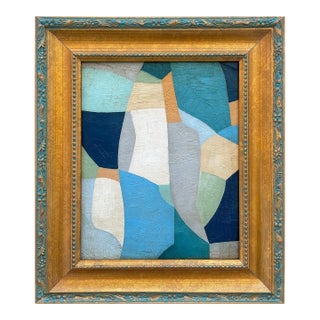 Contemporary Blue Abstract Color-Block Oil Painting in Vintage Frame For Sale