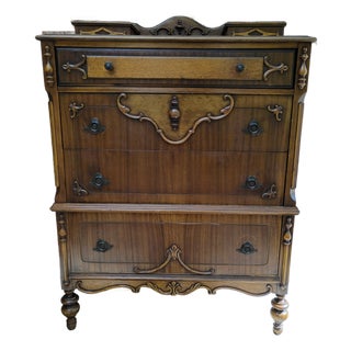 Antique Victorian Revival Chiffonier High Chest With Ornate Scrollwork, Circa 1910 For Sale