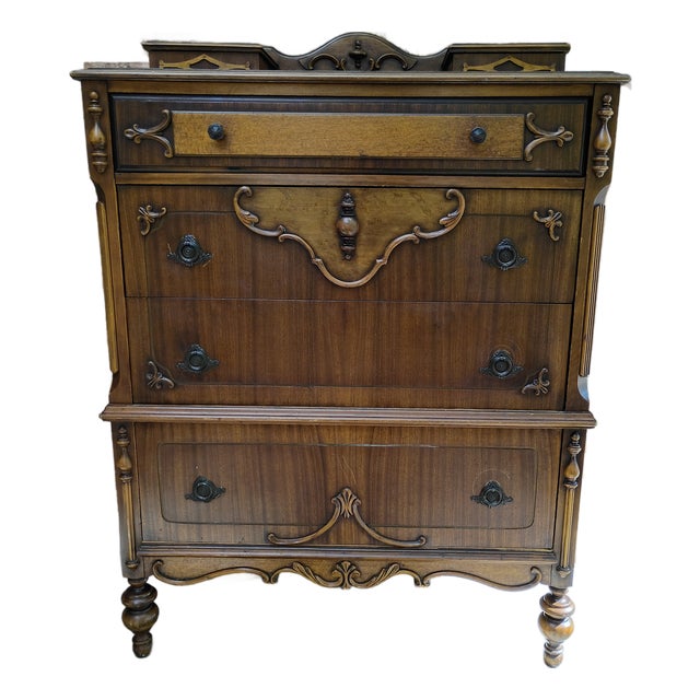 Antique Victorian Revival Chiffonier High Chest With Ornate Scrollwork, Circa 1910 For Sale