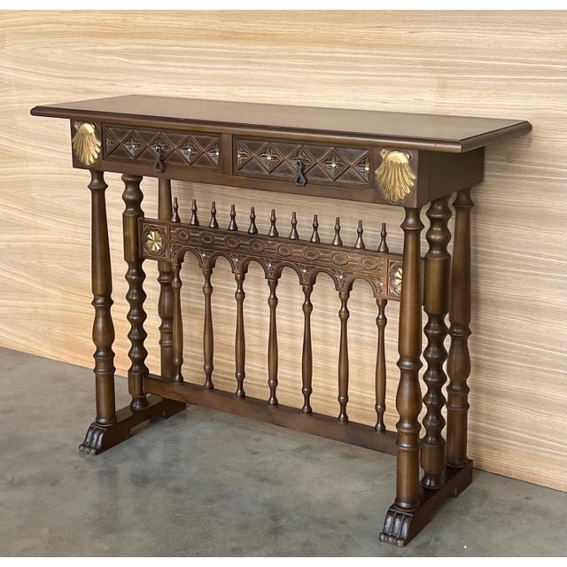Mid 20th Century Castilian Mid-Century Console in Walnut with Two Front Drawers in Gold Leaf For Sale - Image 17 of 18