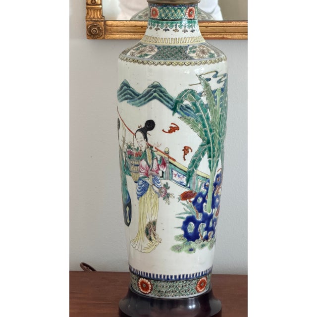 Monumental Late 19th Century Chinese Famille Verte Porcelain Rouleau Vases Set as Lamps Pair For Sale In Savannah - Image 6 of 12