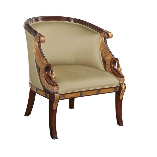 Hand Carved Mahogany Empire Arm Chair, Gold Metal Leaf Swan Accents, Neutral Fabric Upholstery