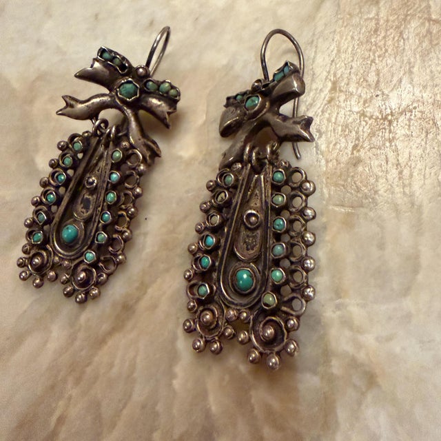 Mexican Dangle Earring Sterling Silver Turquoise Stones Barretto Matilde Poulat For Sale In San Diego - Image 6 of 18