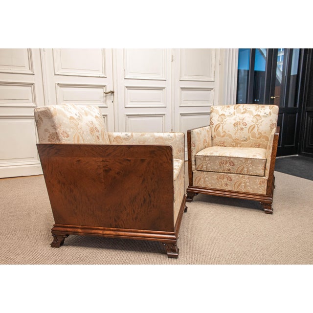 Vintage Swedish Grace Club Chairs with Tiger Wooden Side Panels and Jacquard, 1930s, Set of 2 For Sale - Image 9 of 14