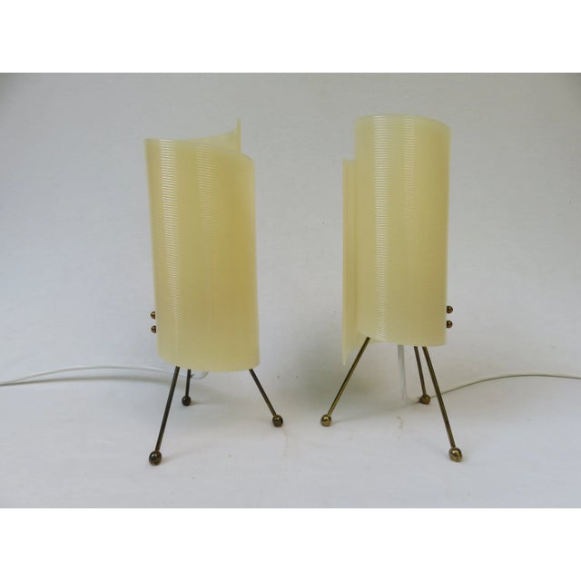 Mid-Century Modern Brass Tripod Night Lights with Beige Acrylic Glass Shade, 1950s, Set of 2 For Sale - Image 3 of 12