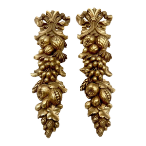 Pair of Vintage Syroco Gold Gilt Fruit & Ribbon Wall Plaques