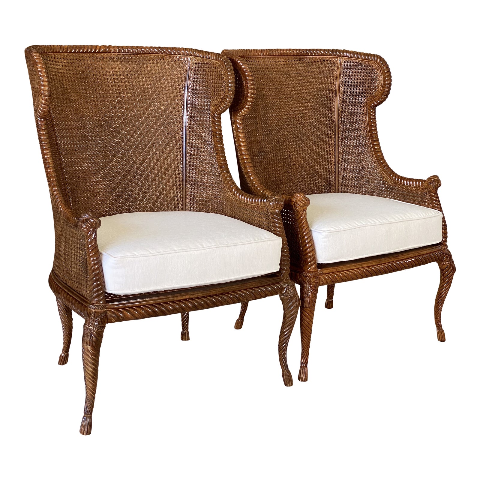 Pair of Rope Tassel Double Caned Carved Wood Wingback Chairs Chairish