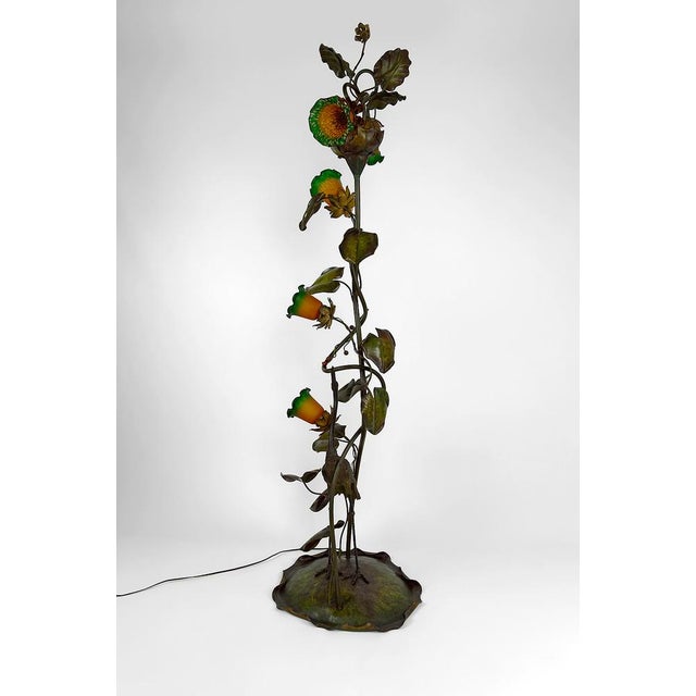 Exceptionnal sculpture floor lamp in patinated and painted bronze and brass, depicting a Japanese crane (tsuru) / heron /...