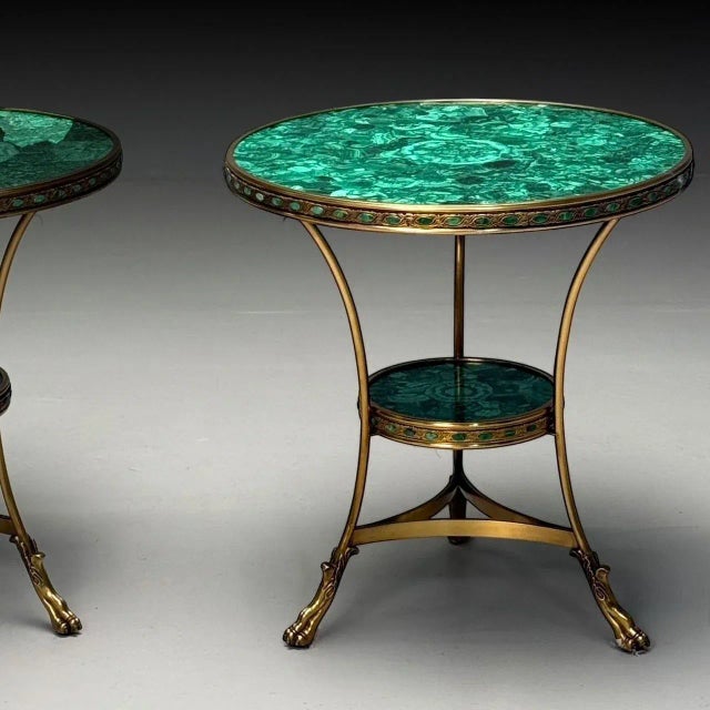 Louis XVI Style, Jeweled Gueridons, Malachite, Bronze, France, 20th C. Elevate your interior with this exquisite pair of...