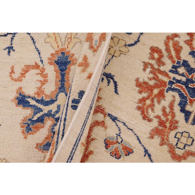 1990s Shabby Chic Kafkaz Peshawar Ivory/Blue Wool Rug - 9'1 X 10'8 For Sale - Image 9 of 10