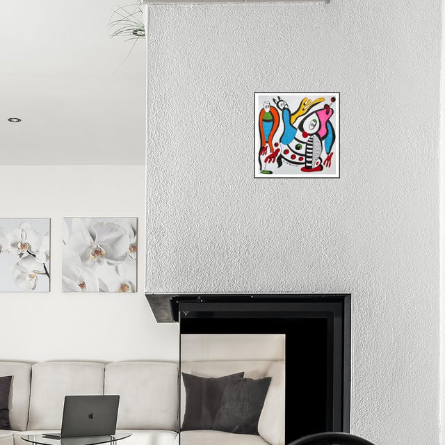 The Visitor with Striped Legs unfolds like a vibrant encounter between three beings who seem to step in from different...