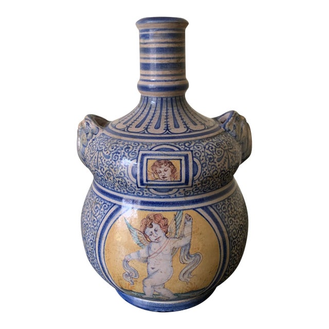 Italian Provincial Deruta Hand Painted Faience Allegorical Pottery Jug Vase For Sale