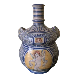 Italian Provincial Deruta Hand Painted Faience Allegorical Pottery Jug Vase