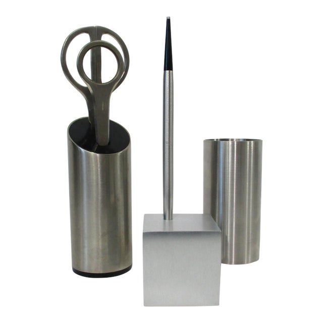 Mid Century Stainless Aluminum 3 Pc. Desk Set For Sale