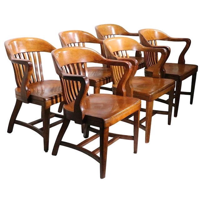 Exceptional set of six Bank of England, Jury, Yale Library chairs, marked The Taylor Chair Company / Chas.S. Nathan Office...