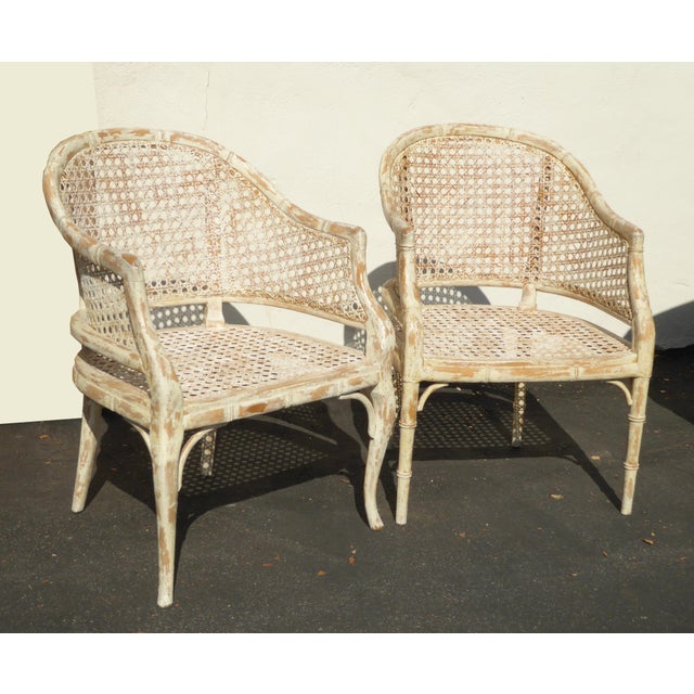 Vintage French Country Off White Cane Back Accent Club Chairs a Pair