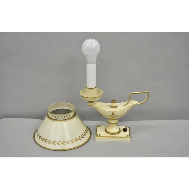 Vintage French Country White Gold Small Genie Lantern Tole Bouillotte Desk Lamp For Sale - Image 10 of 11