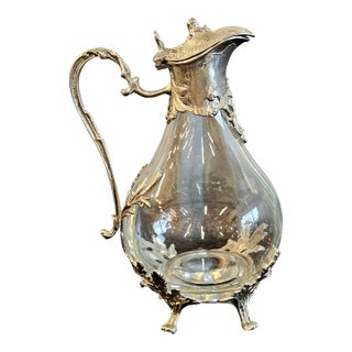 Vintage French Style Étain Pewter & Glass Claret Jug Pitcher With Hinged Lid For Sale