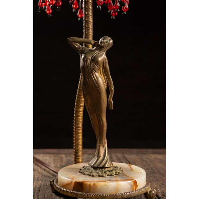 Brass 1920s Art Deco Figural Boudoir Lamp With Beaded Shade by Rembrandt For Sale - Image 8 of 10