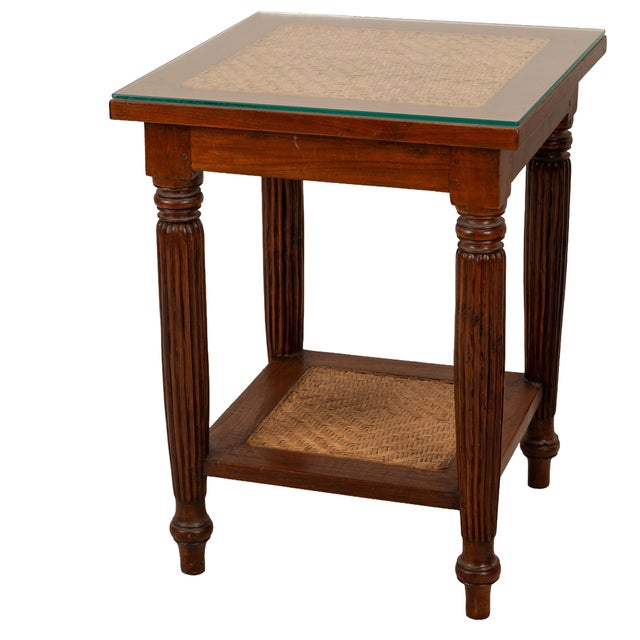 1980s 1980s Bauer International Wood & Woven Cane Side Tables With Glass Tops - A Pair For Sale - Image 5 of 12