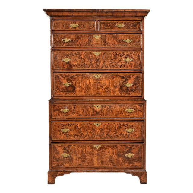 18th Century Antique English Chippendale Burled Walnut Highboy Dresser For Sale