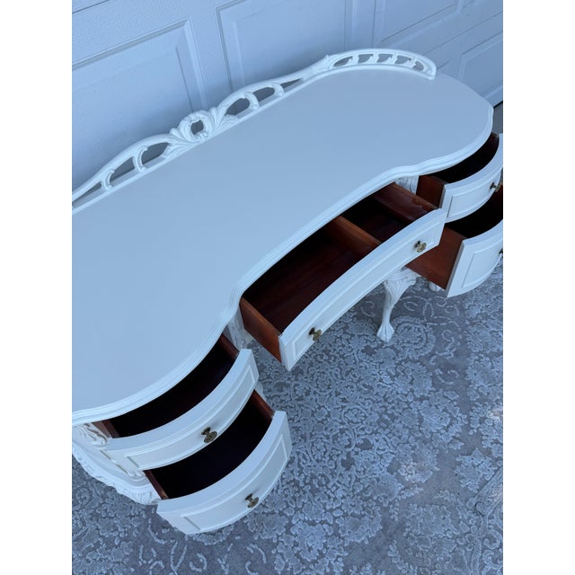 Vintage French Provincial Kidney Desk in Vintage Ivory Finish With Claw-and-Ball Feet For Sale - Image 4 of 13